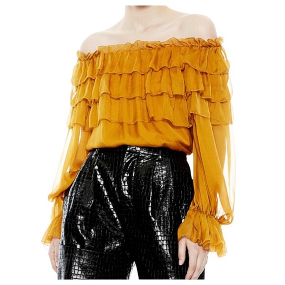 Alice + Olivia Silk Blouse Gold Off-Shoulder Ruffle XS - Picture 9 of 10